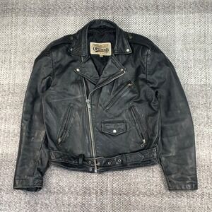 Open Road Vintage Black Leather Motorcycle Biker Jacket Belted Size 40 Mens